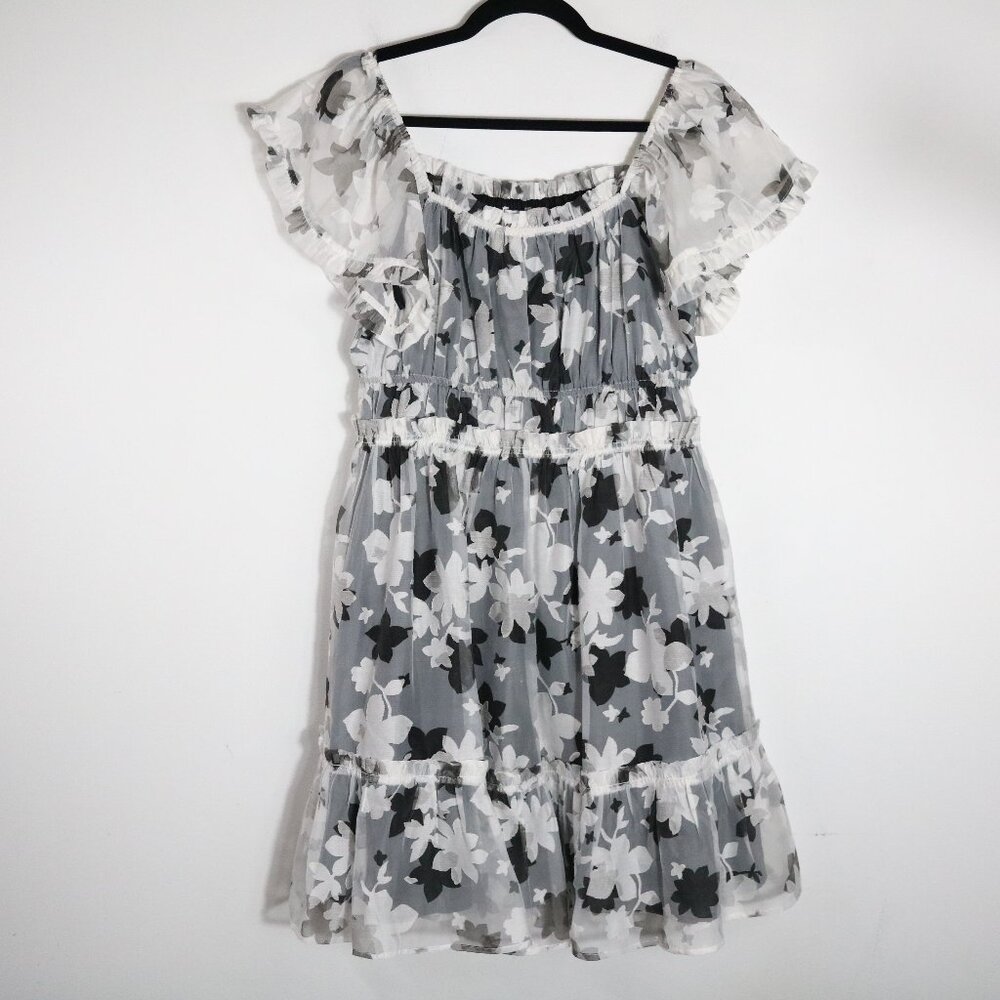 Current Air Ariana Puff Sleeve Tiered Midi Dress Medium Floral Sheer Cottagecore